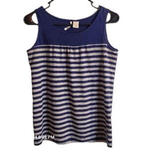 SAMANTHA STUART, Navy, gray, & silver striped empire,flowy, waist tank top. Sz S